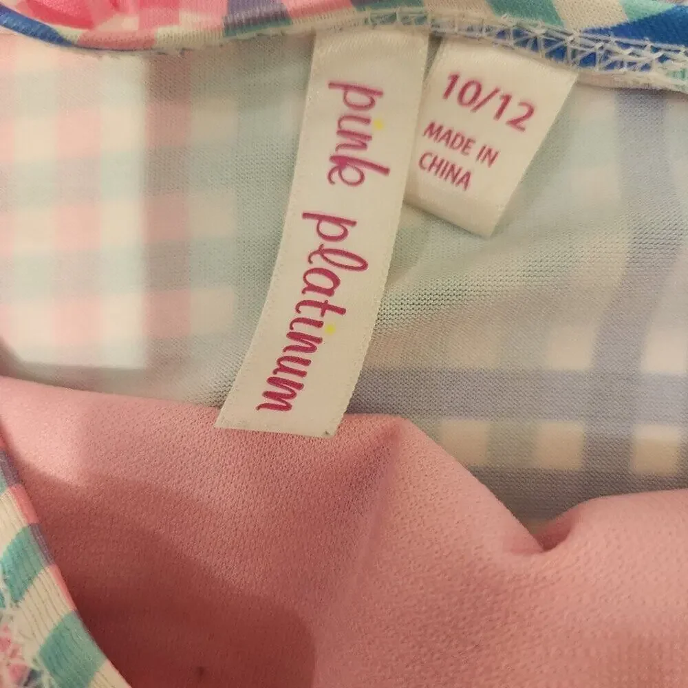 Pink Platinum Girls Swimsuits -Lot of 2- Scoop Neck Belted Plaid - Size 10/12